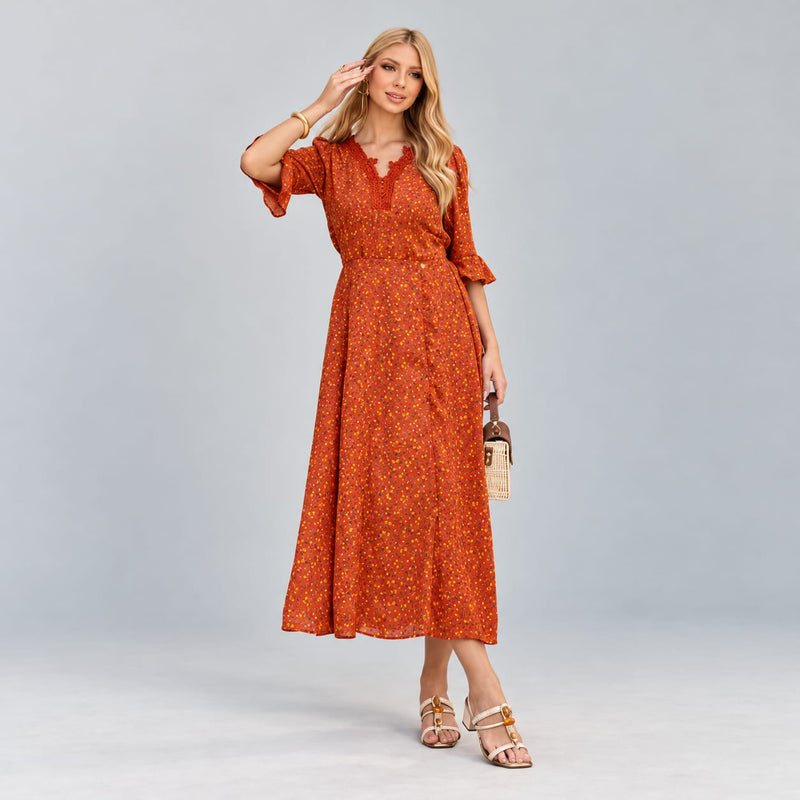 Vestido Midi Laranja Estampado