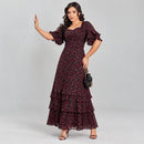 Vestido Longo com Estampa e Babado Duplo