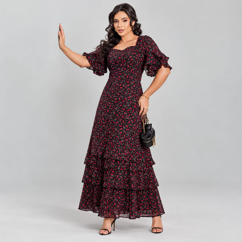 Vestido Longo com Estampa e Babado Duplo